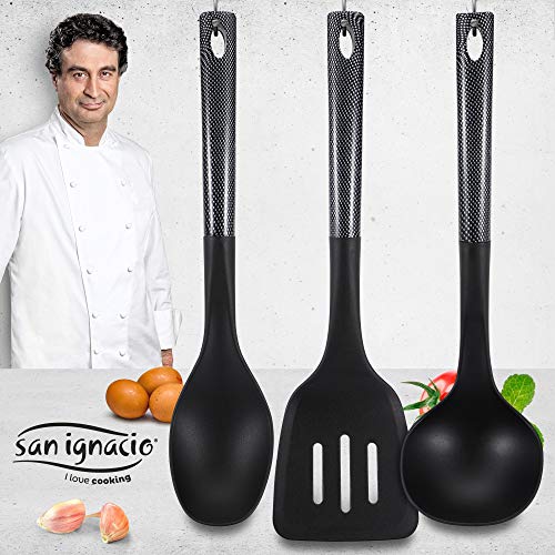 San Ignacio Premium Set de Bateria 8 Piezas + 4 Cuchillos 3 Utensilios de Cocina, Gris y Negro