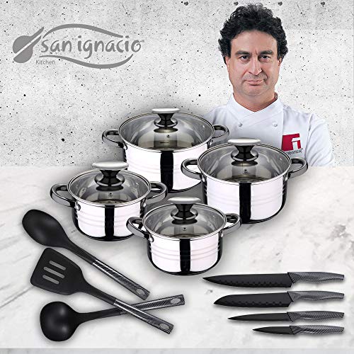 San Ignacio Premium Set de Bateria 8 Piezas + 4 Cuchillos 3 Utensilios de Cocina, Gris y Negro