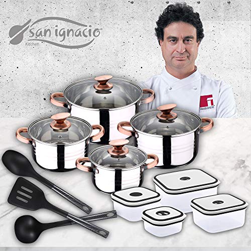 San Ignacio Premium Set de Bateria 8 Piezas + 4 recipientes herméticos + 3 Utensilios de Cocina, Cobre