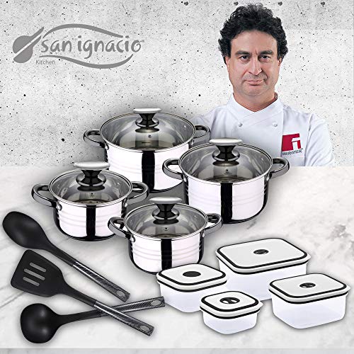 San Ignacio Premium Set de Bateria 8 Piezas + 4 recipientes herméticos + 3 Utensilios de Cocina, Gris