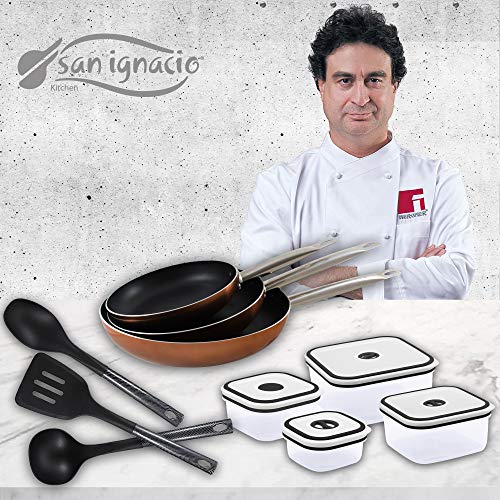 San Ignacio Professional Chef Copper recipientes herméticos Cocina, Set 3 sartenes + 4 fiambreras + 3 utensilios