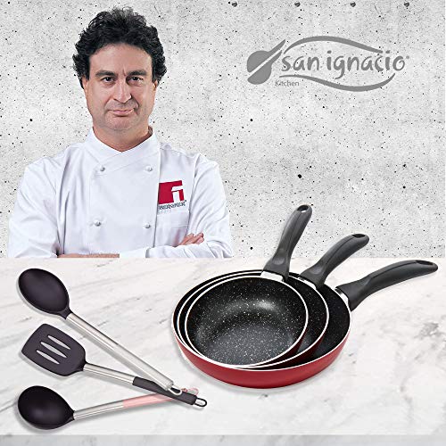 San Ignacio Red&Marble Set 3 sartenes + 3 Utensilios, Aluminio Prensado, Rojo/Negro