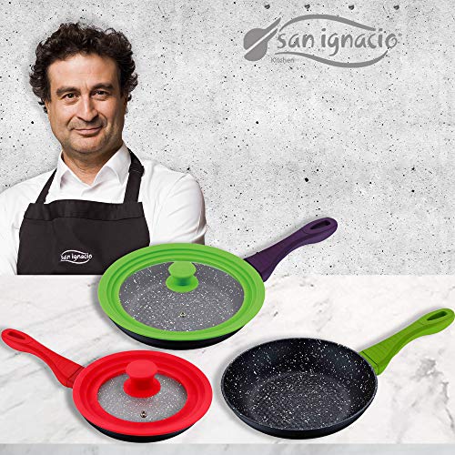 San Ignacio Set 3pc Ø20/Ø24/Ø28 Sartén aluminio forjado, inducción, colección Jolie + 2 tapas universales de Ø16 a Ø28 cms