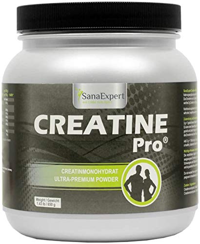 SanaExpert Creatine Pro (Creapure®), Bebida Deportiva para Aumentar la Masa Muscular, la Fuerza y la Resistencia, 215 Porciones, 100% Monohidrato de Creatina, Polvo de Creatina Sin Sabor (650g)