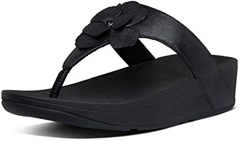 Sandalias de cuña de Mujer FitFlop Entre Dedo con Flor Decorativa en Color Negro