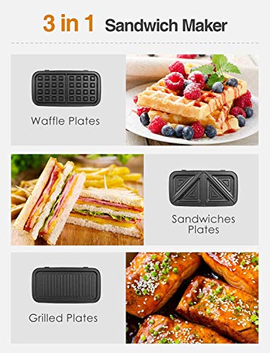 Sandwichera 3 en 1 Sandwichera Eléctrica 1200W Control de Temperatura Gofrera con 3 Plato Extraíble para Tostadas, Gofres y Carne, Acero inoxidable & Revestimiento Antiadherente, luz Indicadora, TIBEK