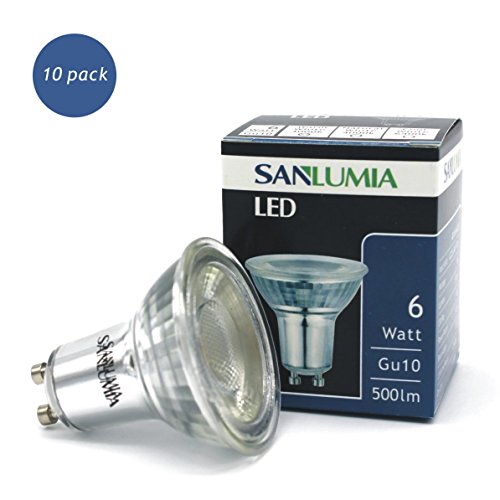 Sanlumia Bombillas LED GU10, 6W = 75W Halógena, 500Lm, Blanco Frío (6400K), Ultra Brillante, Iluminación de Techo para Cocina, Oficina, o Baño, 38° ángulo de haz，Paquete de 10