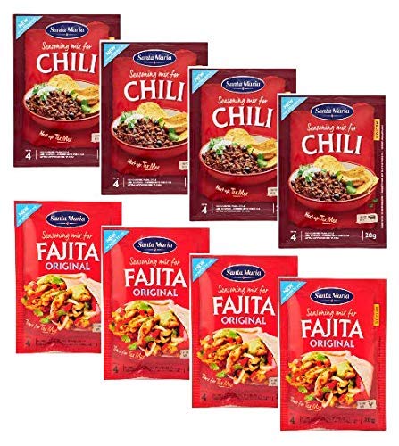 Santa Maria - 4 bolsas de especias para condimentos de chile (16 porciones) + 4 sobres de especias mixtas para tortilla y relleno de fajita (16 porciones) - total 8 sobres (224 gramos)