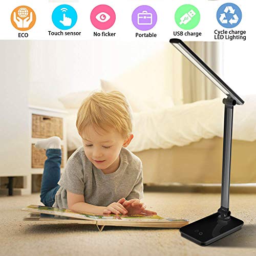 SaponinTree Lámpara Escritorio LED, Lámparas de Mesa USB Recargable con 5 Modos de Colores y 3 Niveles de Brillos, Plegable de Escritorio Control Táctil, Protege a Ojos, para Estudio, Oficina (Negro)