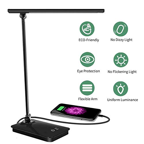 SaponinTree Lámpara Escritorio LED, Lámparas de Mesa USB Recargable con 5 Modos de Colores y 3 Niveles de Brillos, Plegable de Escritorio Control Táctil, Protege a Ojos, para Estudio, Oficina (Negro)