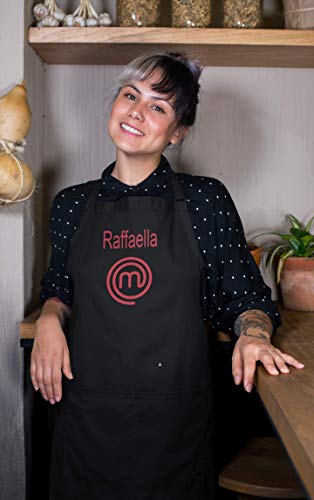 SAQUITOMAGICO Delantal Masterchef Negro Personalizado Bordado con tu Nombre.El Delantal Que Llevan los concursantes del Programa!!!