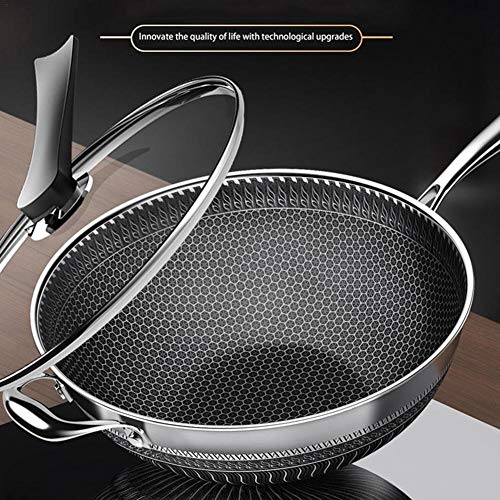 Sartén Antiadherente Wok de Acero Inoxidable, sartén Honeycomb, Wok Premium Antiadherente Resistente a los arañazos con Tapa de Vidrio Sartén