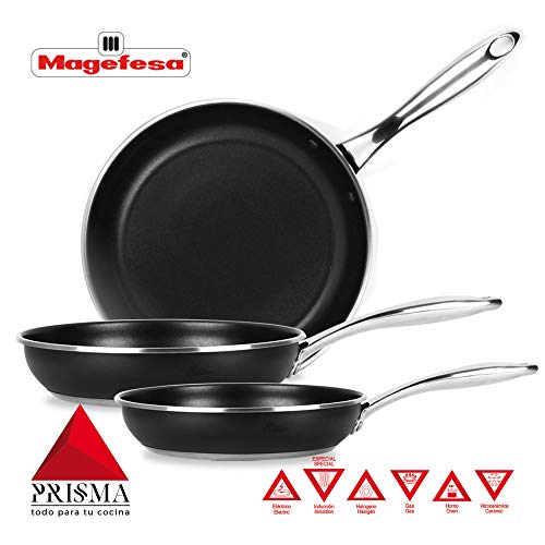 SARTÉN MAGEFESA Prisma. Sartén Fabricada en Acero Inoxidable, Antiadherente Triple Capa, Apta para Todo Tipo de Cocina, INDUCCIÓN. Fácil Limpieza. Apto para lavavajillas y Horno (SARTEN, 20+24+28)