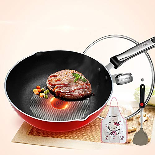 Sartenes Antiadherentes Wok de acero inoxidable, antiadherente Stir Fry Pan con la tapa y la espátula, compatibles con la inducción, resistente a arañazos, Humo del hogar que cocina la cocina for freí