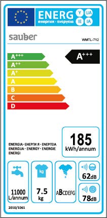 Sauber - Lavadora de carga SUPERIOR WMTL712-7,5 kg - 1200 RPM - Eficiencia energética: A+++ - Color Blanco - Motor INVERTER