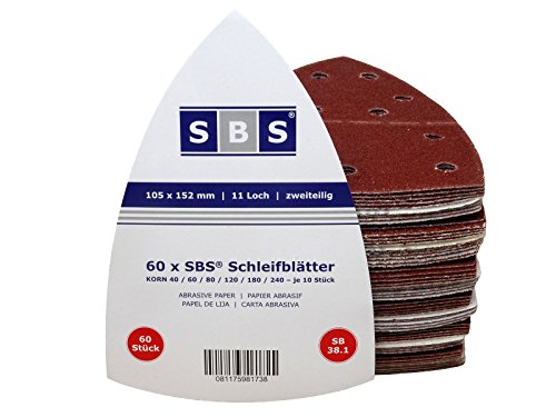 SBS Schlößer Baustoffe - Hojas de lija para lijadora (60 unidades, velcro, 105 x 152 mm, 10 unidades de cada grano 40/60/80/120/180/240)
