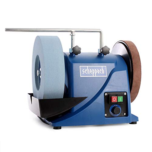 SCHEPPACH TIGER 3000VS Amoladora de Banco de Velocidad Variable de 90 a 150 rpm con dispositivo de Mantenimiento Universal que Ayuda al Afilado, 180W, Azul