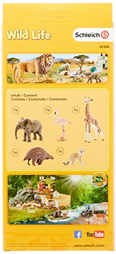 Schleich- Colección Wild Life Set de Figuras de Animales, Guepardo, Pangolín Gigante, Flamenco, Jirafa y Cría de Elefante, Multicolor (42388) , color/modelo surtido