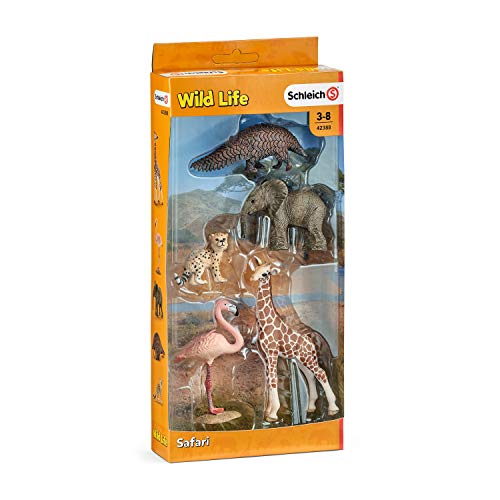 Schleich- Colección Wild Life Set de Figuras de Animales, Guepardo, Pangolín Gigante, Flamenco, Jirafa y Cría de Elefante, Multicolor (42388) , color/modelo surtido
