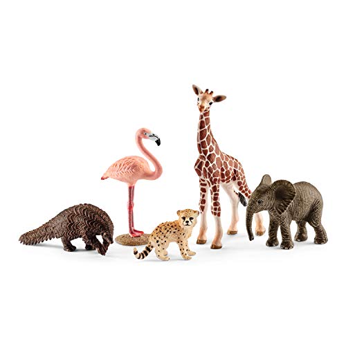 Schleich- Colección Wild Life Set de Figuras de Animales, Guepardo, Pangolín Gigante, Flamenco, Jirafa y Cría de Elefante, Multicolor (42388) , color/modelo surtido