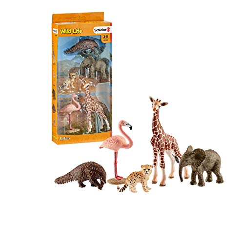 Schleich- Colección Wild Life Set de Figuras de Animales, Guepardo, Pangolín Gigante, Flamenco, Jirafa y Cría de Elefante, Multicolor (42388) , color/modelo surtido