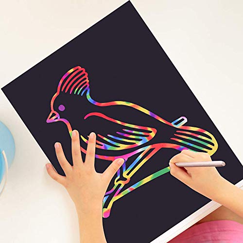 Scratch Art Paper, 50 Obras De Arte De Raspado De Arco Iris y Manualidades Infantiles Papel Rayado Negro, con 5 Estilográficas De Madera, 4 Reglas De Dibujo y 1 Sacapuntas (18.5 * 26 Cm) …