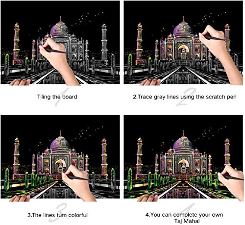 Scratch Art Paper, Comius 2 Pack 400 × 285 mm Obras De Arte De Raspado De Arco City Series Night Scene Manualidades Scratch Painting para Adultos y niños con Herramientas (Taj Mahal + Chiang MAI)