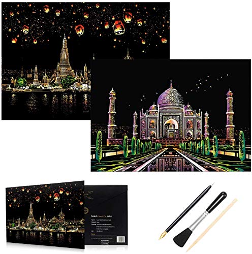 Scratch Art Paper, Comius 2 Pack 400 × 285 mm Obras De Arte De Raspado De Arco City Series Night Scene Manualidades Scratch Painting para Adultos y niños con Herramientas (Taj Mahal + Chiang MAI)