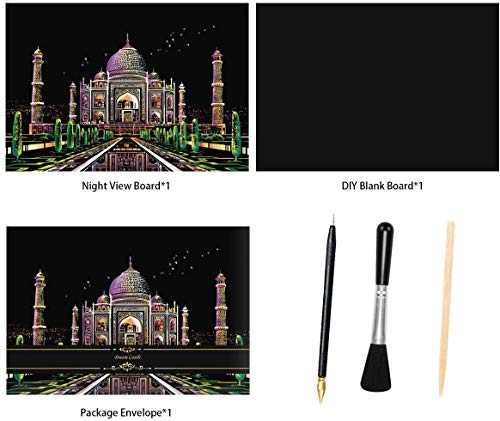 Scratch Art Paper, Comius 2 Pack 400 × 285 mm Obras De Arte De Raspado De Arco City Series Night Scene Manualidades Scratch Painting para Adultos y niños con Herramientas (Taj Mahal + Chiang MAI)