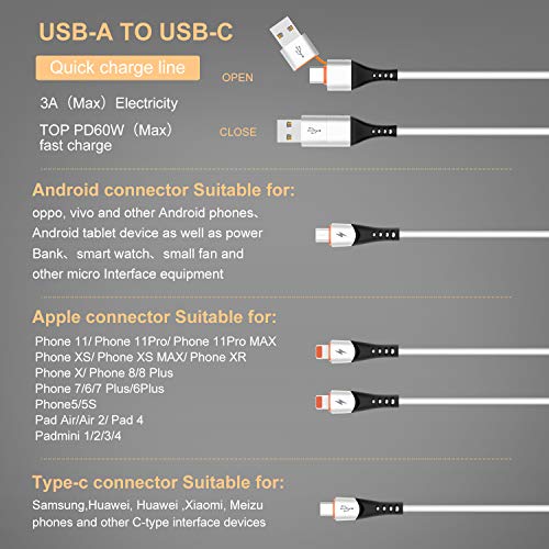 SDBAUX USB A/C a Cable de Carga múltiple 4 en 1, Cable de Cargador rápido de Silicona Suave 3A con Puerto Tipo C (PD / QC3.0) / 2 IP/Micro USB para Apple, Huawei, Google Pixel, LG HTC (1.2M)