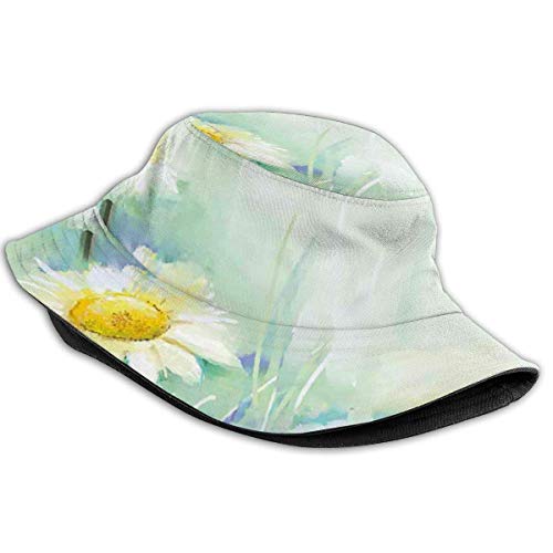 SDFRG Sombrero de visera de verano Gorra de cubo Flor de acuarela Margaritas caseras en la hierba Iconos de la madre tierra Impresión impresionista Sombrero de pescador blanco azul para hombres y muje