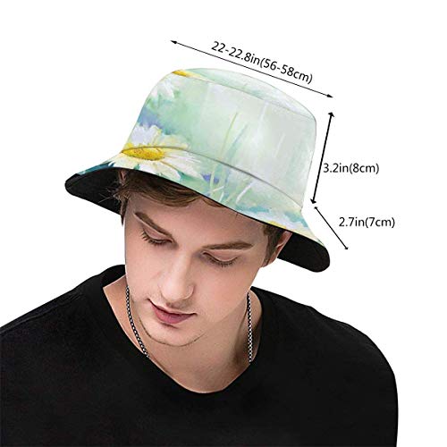 SDFRG Sombrero de visera de verano Gorra de cubo Flor de acuarela Margaritas caseras en la hierba Iconos de la madre tierra Impresión impresionista Sombrero de pescador blanco azul para hombres y muje