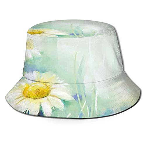 SDFRG Sombrero de visera de verano Gorra de cubo Flor de acuarela Margaritas caseras en la hierba Iconos de la madre tierra Impresión impresionista Sombrero de pescador blanco azul para hombres y muje