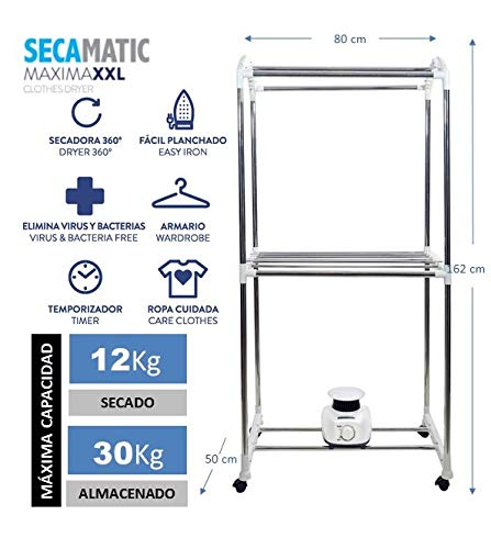 Secadora de Ropa Portátil Secamatic Máxima XXL, Secadora por Ventilación, 1200W, Capacidad 30 Kg, Temporizador 180 min, Silencioso, Multifunción: Secadora, Armario, Tendedero de XSQUO useful Tech