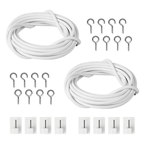 SEELOK 2pcs Cable de Alambre para Cortina Cuerdas para cortinas Blanco con Ganchos Autoadhesivos para Cortinas y Ojos de Tornillo Accesorios de Cortinas y Persianas para Familias Hoteles Jardines