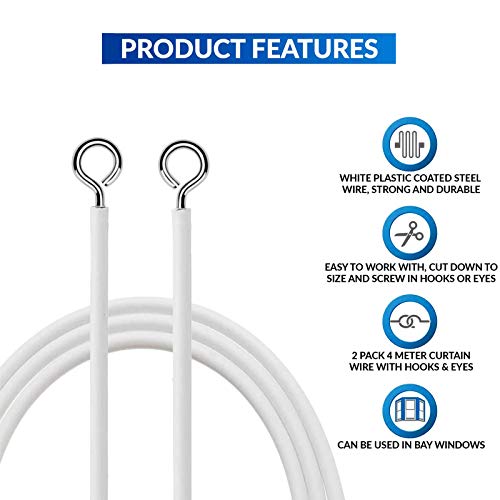 SEELOK 2pcs Cable de Alambre para Cortina Cuerdas para cortinas Blanco con Ganchos Autoadhesivos para Cortinas y Ojos de Tornillo Accesorios de Cortinas y Persianas para Familias Hoteles Jardines