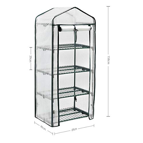 Sekey Invernadero de 4 Niveles para el jardín Hecho de Tubos de Acero galvanizado, Planta Estantería con Puerta para enrollar, 69 x 49 x 158 cm, Blanco y Verde