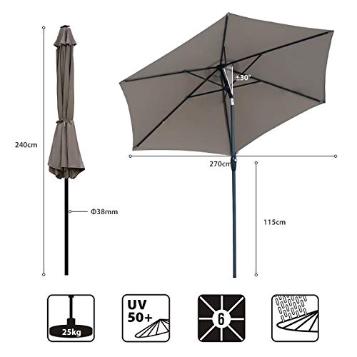 Sekey® sombrilla Parasol para terraza jardín Playa Piscina Patio diámetro 270 cm Protector Solar UV50+ marrón