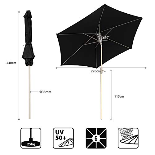 Sekey® sombrilla Parasol para terraza jardín Playa Piscina Patio diámetro 270 cm Protector Solar UV50+ Negro