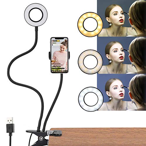 Selfie LED Light con Soporte, Selfie Anillo de Luz con Teléfono Celular Flexible Larga Brazos, 3 Modo & 10 Level Brillo Regulación, 2 en 1 Luz para Transmisión en Vivo, Maquillaje, Toma de Fotos