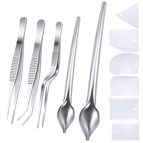 SelfTek Pinzas de Cocina de Acero Inoxidable de 5 Piezas Pinzas de precisión con Puntas dentadas, cucharas de Dibujo culinario y Juego de cuñas de Placas de plástico de 6 Piezas para Decorar Platos