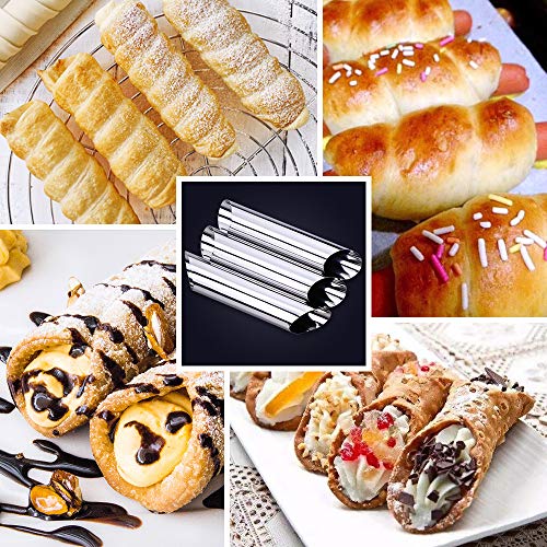 SelfTek Tubos Cannoli Juego de 2 estilos Cilindro y cono Acero inoxidable Crema Formas de cuerno para Croissant Shell Cream Roll con crema de glaseado Piping Boquilla Punta y cepillo de limpieza