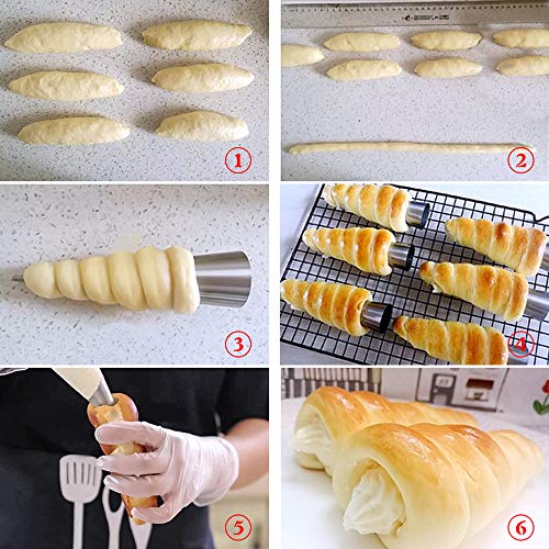 SelfTek Tubos Cannoli Juego de 2 estilos Cilindro y cono Acero inoxidable Crema Formas de cuerno para Croissant Shell Cream Roll con crema de glaseado Piping Boquilla Punta y cepillo de limpieza