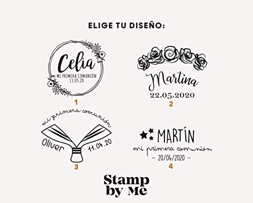 Sello Comunion Personalizado, Sello de Madera con tampón de tinta, Sellos Personalizados Comunion| Corona Flores