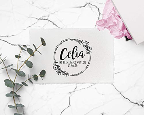 Sello Comunion Personalizado, Sello de Madera con tampón de tinta, Sellos Personalizados Comunion| Corona Flores