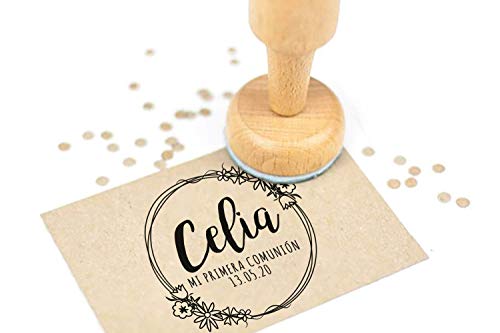 Sello Comunion Personalizado, Sello de Madera con tampón de tinta, Sellos Personalizados Comunion| Corona Flores