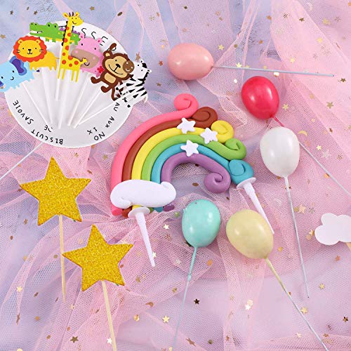 Selva Temática Animales de Pastel Toppers, Decoraciones de Pasteles de Cumpleaños para Infantiles Niños con Arcoiris y Globos, Adornos para Fiestas, Bodas, Aniversarios y Baby Shower