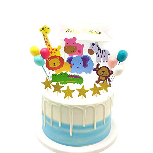 Selva Temática Animales de Pastel Toppers, Decoraciones de Pasteles de Cumpleaños para Infantiles Niños con Arcoiris y Globos, Adornos para Fiestas, Bodas, Aniversarios y Baby Shower