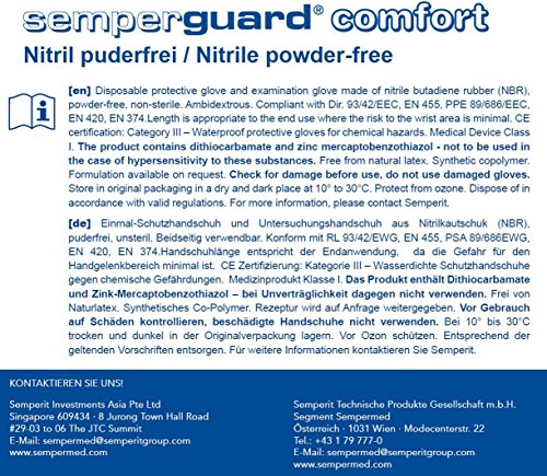 Semperguard 3000001645 guantes desechables de nitrilo látex, sin talco, uso único, y talla L, 8 – 9, color azul (100 unidades)