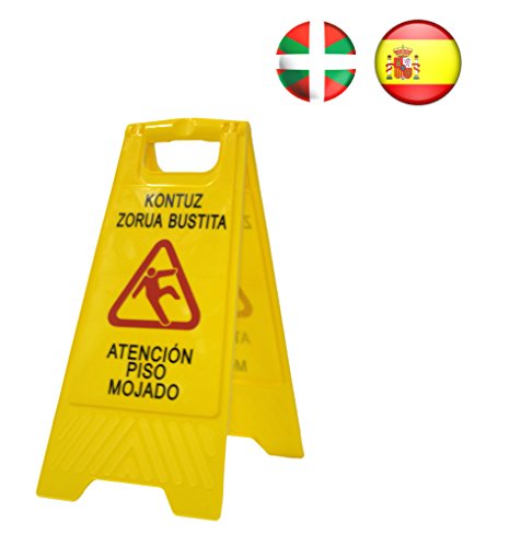 Señal aviso"Atención suelo mojado - Kontuz zorua bustita". En euskera - vasco y castellano. Alta visibilidad para evitar accidentes